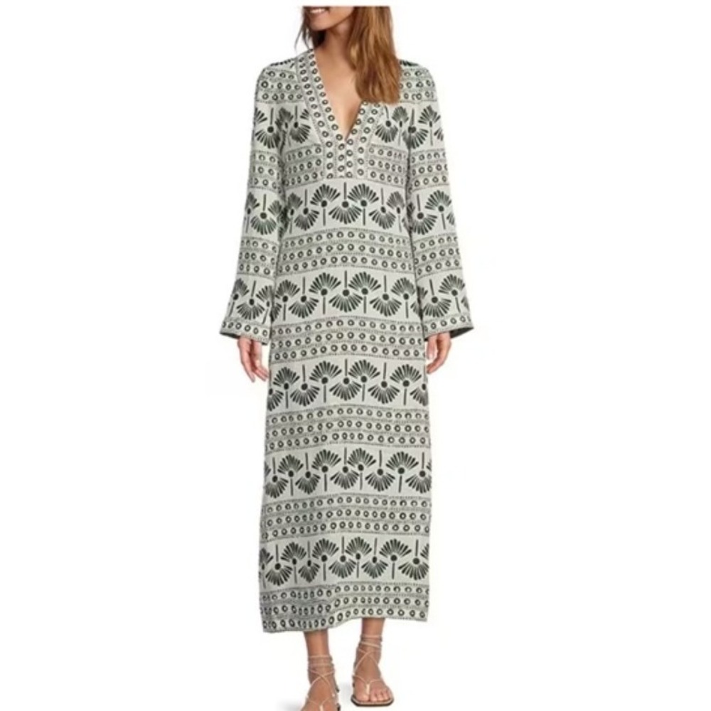 Antonio Melani Palmer Palm Print Linen Maxi Dress Green White Large Caftan